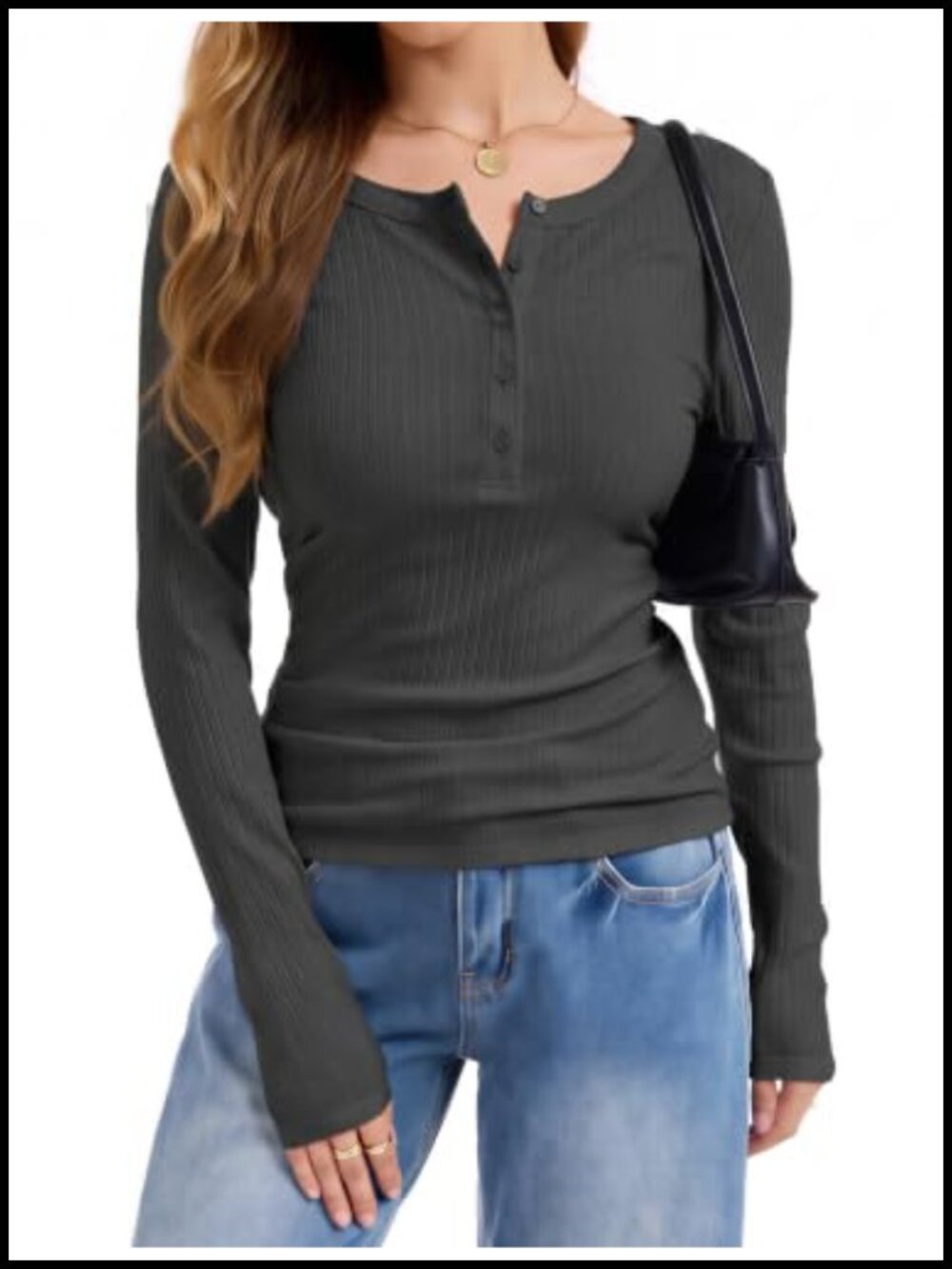 Long Sleeve Henley Ribbed Knit Top Slim Fit Button Front Women's